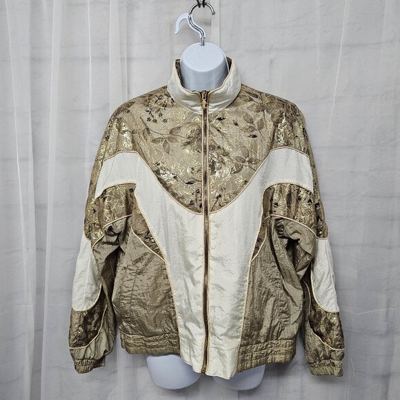 Vintage Active Frontier Bomber Jacket Y2K Athleisure Gold Cream Floral Zip MP - Picture 1 of 11